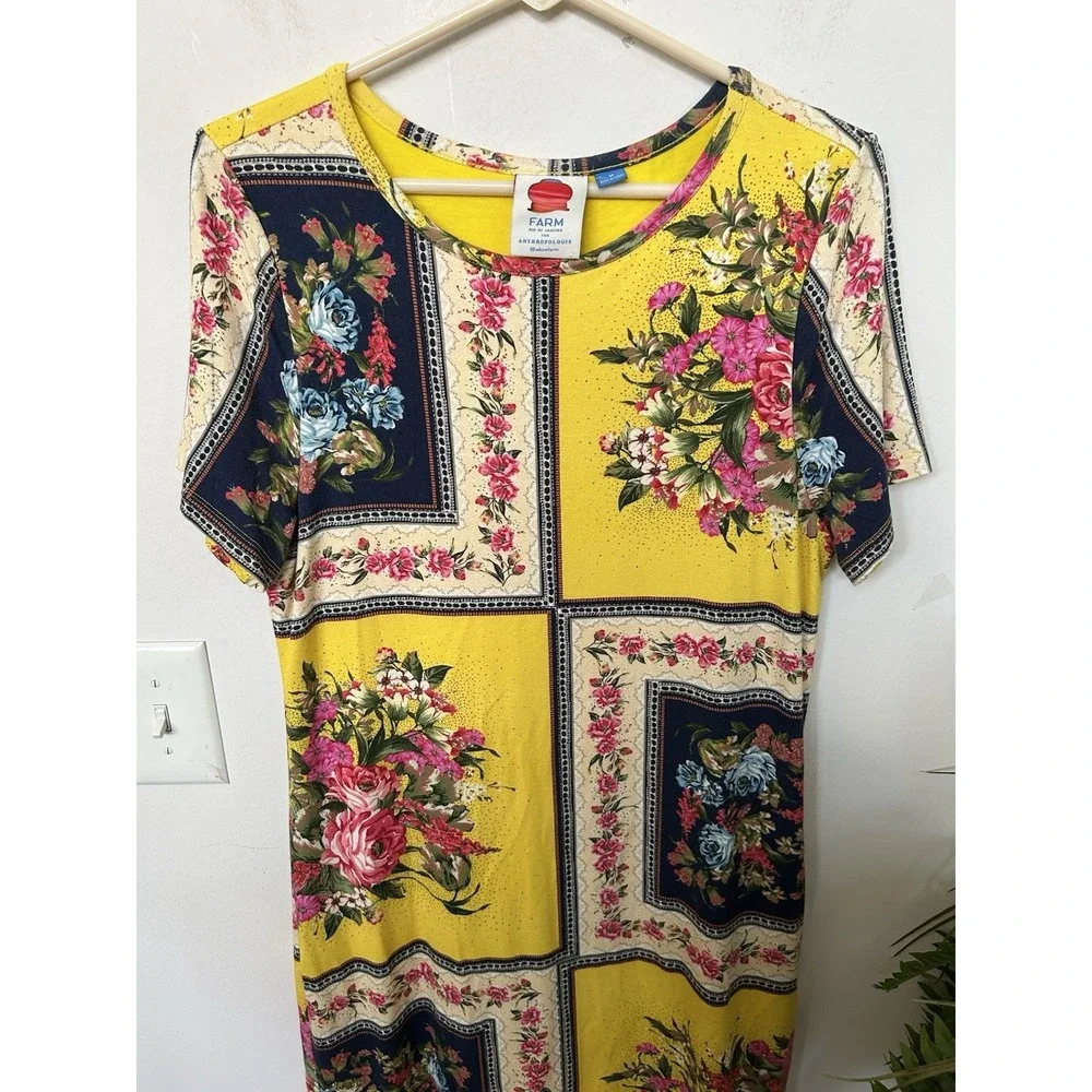 Farm Rio Anthropologie Floral Shift Dress Yellow‎ Patchwork Multi Mini Boho Sz M